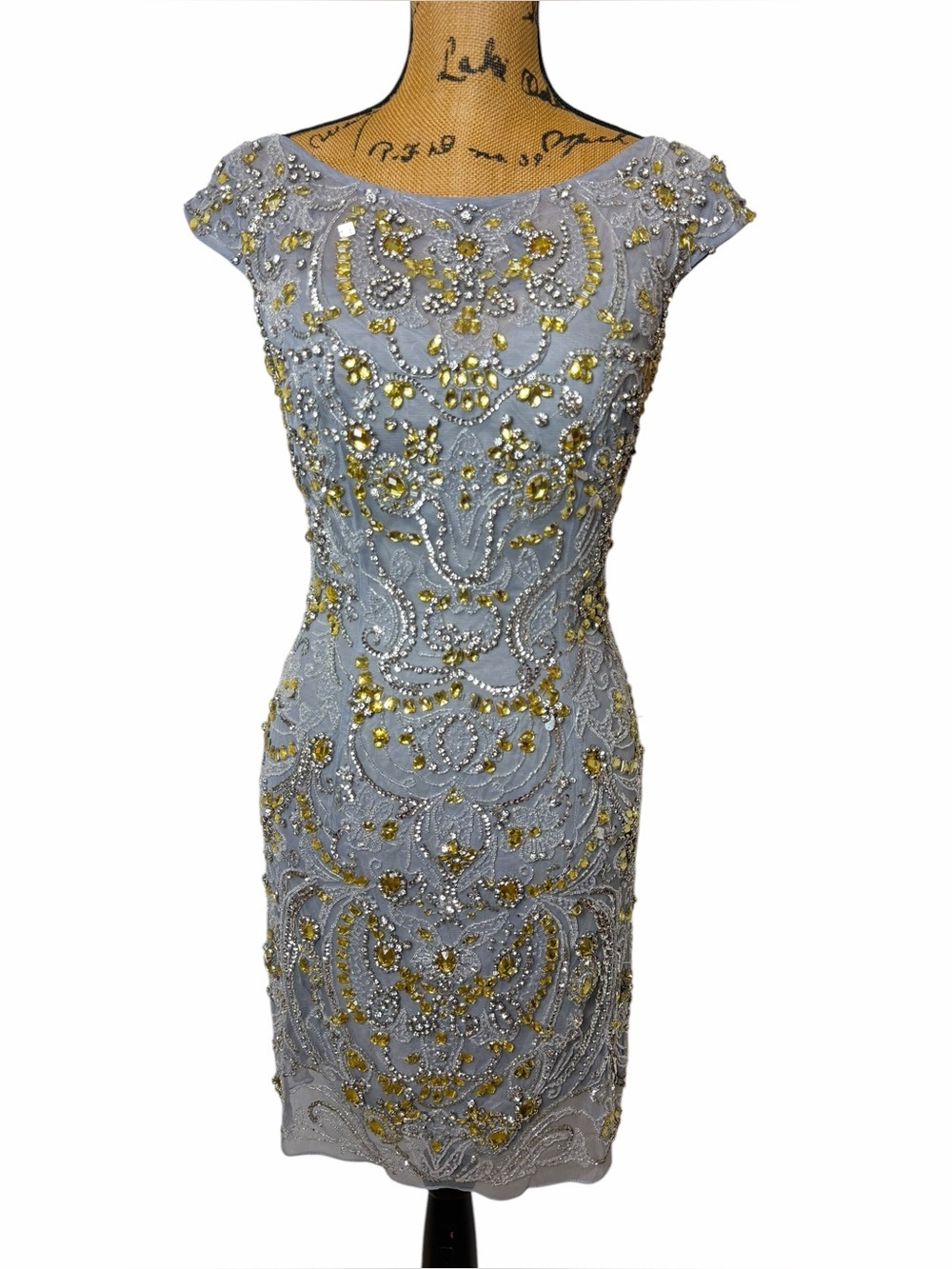 Sherri Hill Beaded Cocktail Dress Blue Gray Gold Embellished Open Back Size 8 - Picture 2 of 10